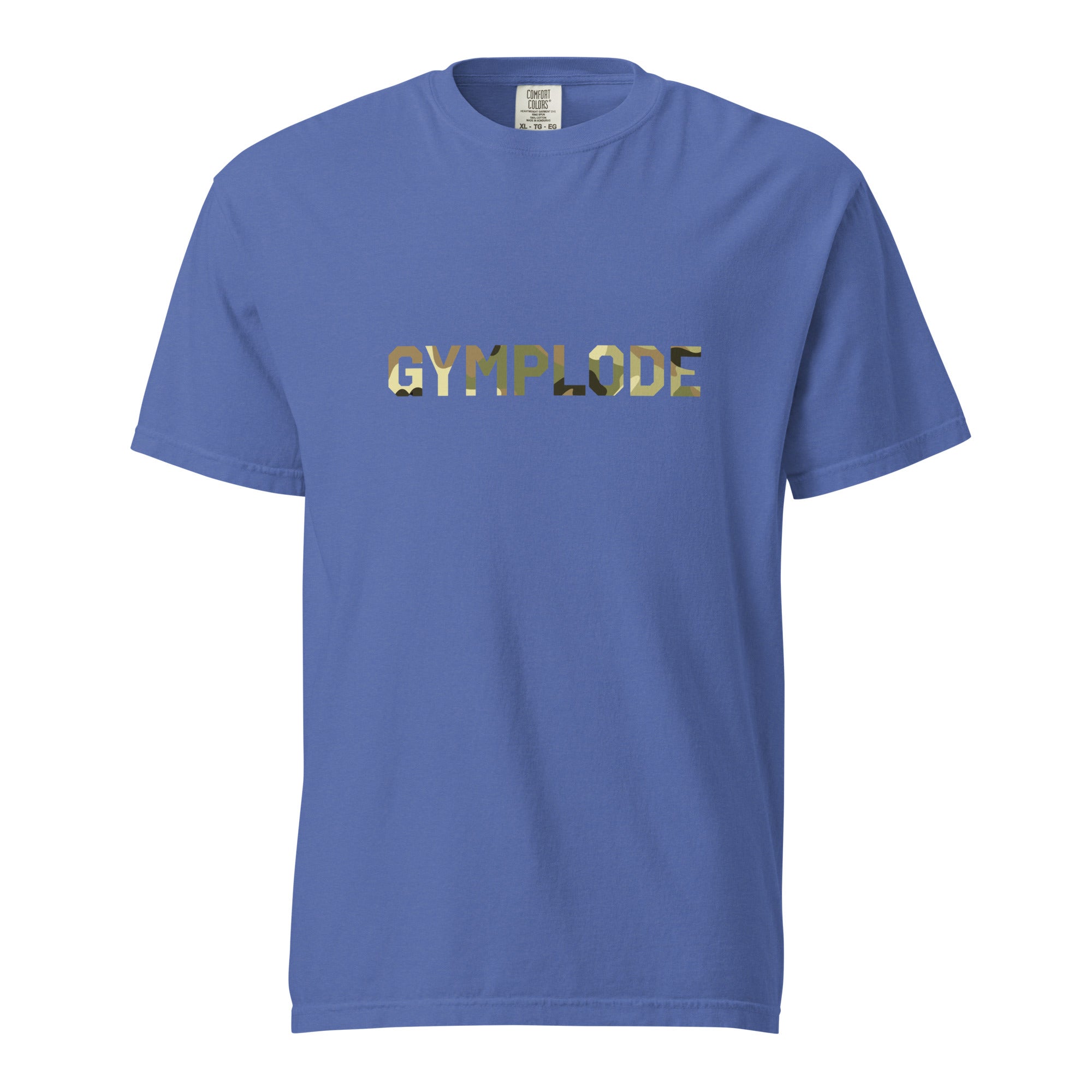 Military Style unisex mystic blue Gymplode t-shirt with signature logo imprint, front view