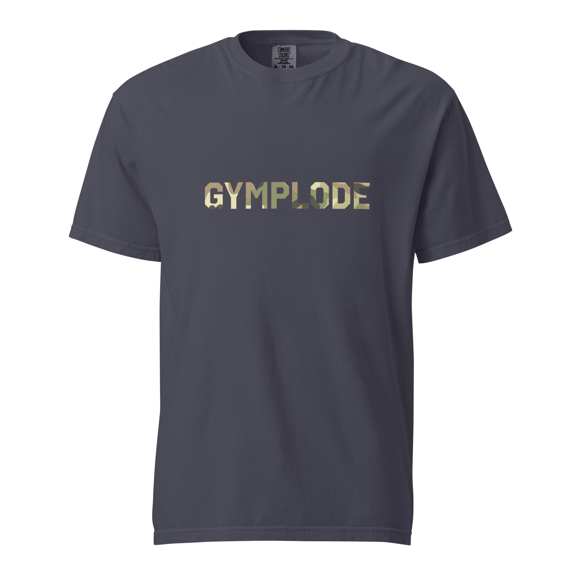 Military Style unisex navy Gymplode t-shirt with signature logo imprint, front view