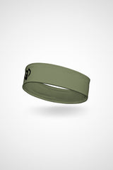 Moss green Gymplode headband with icon logo, angled view
