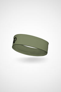 Moss green Gymplode headband with icon logo, angled view