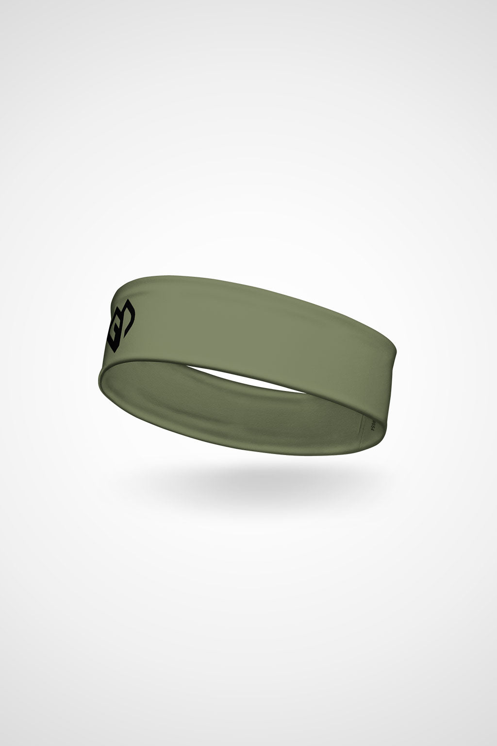 Moss green Gymplode headband with icon logo, angled view