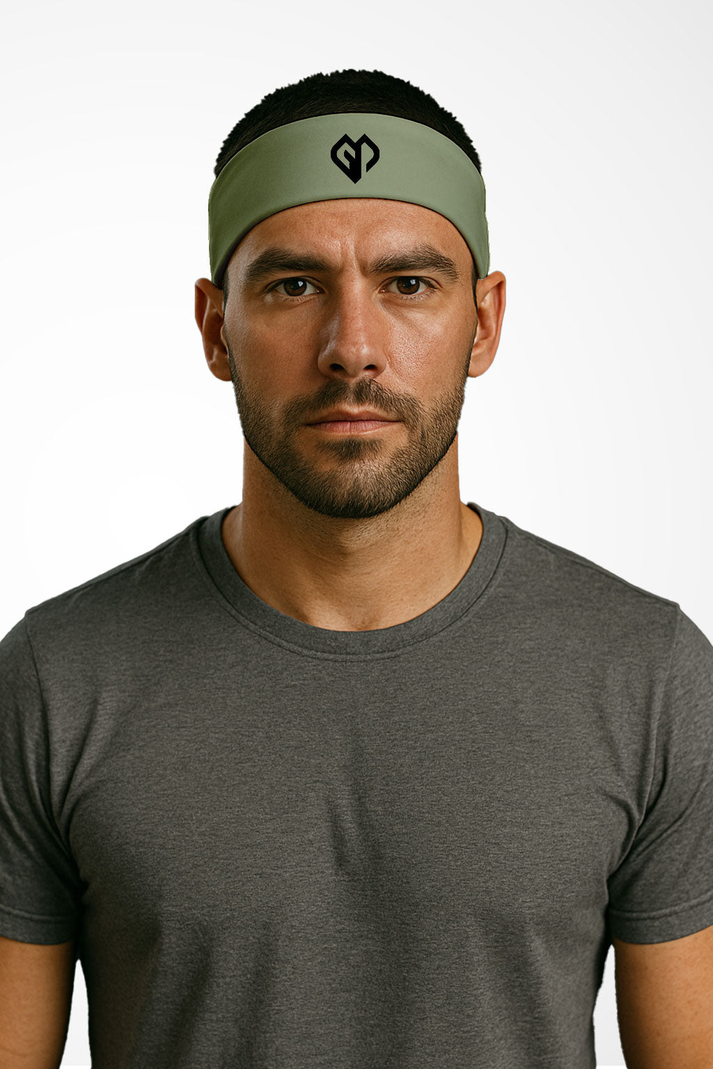 Moss green Gymplode headband with icon logo, worn by male model