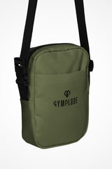 Moss green Gymplode slingback utility bag with dual mark imprint, front view