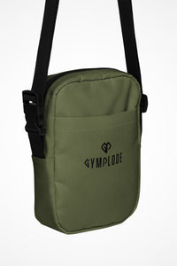 Moss green Gymplode slingback utility bag with dual mark imprint, front view