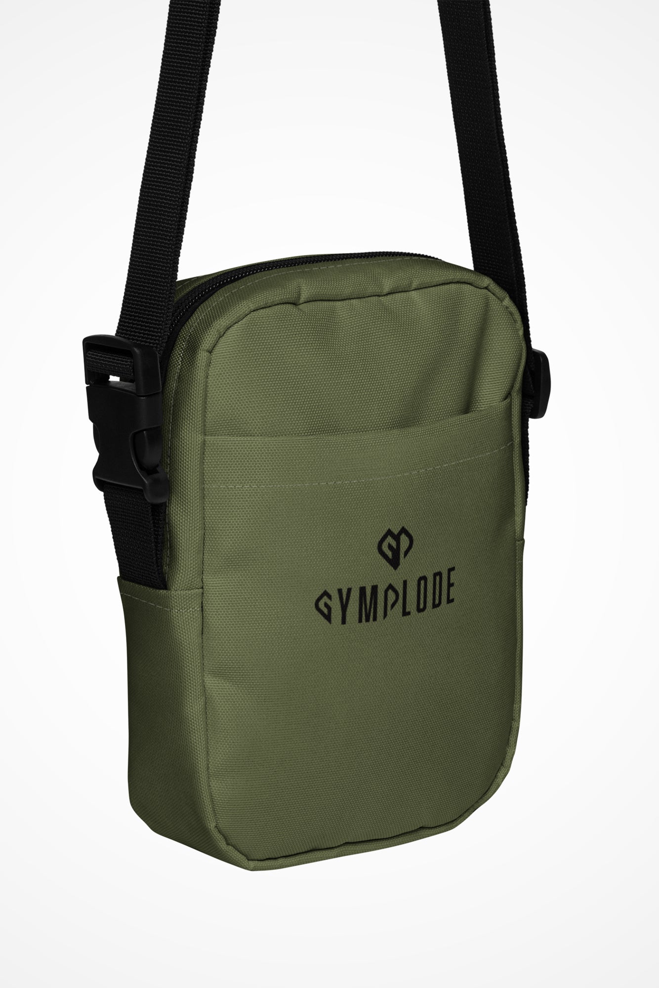 Moss green Gymplode slingback utility bag with dual mark imprint, front view