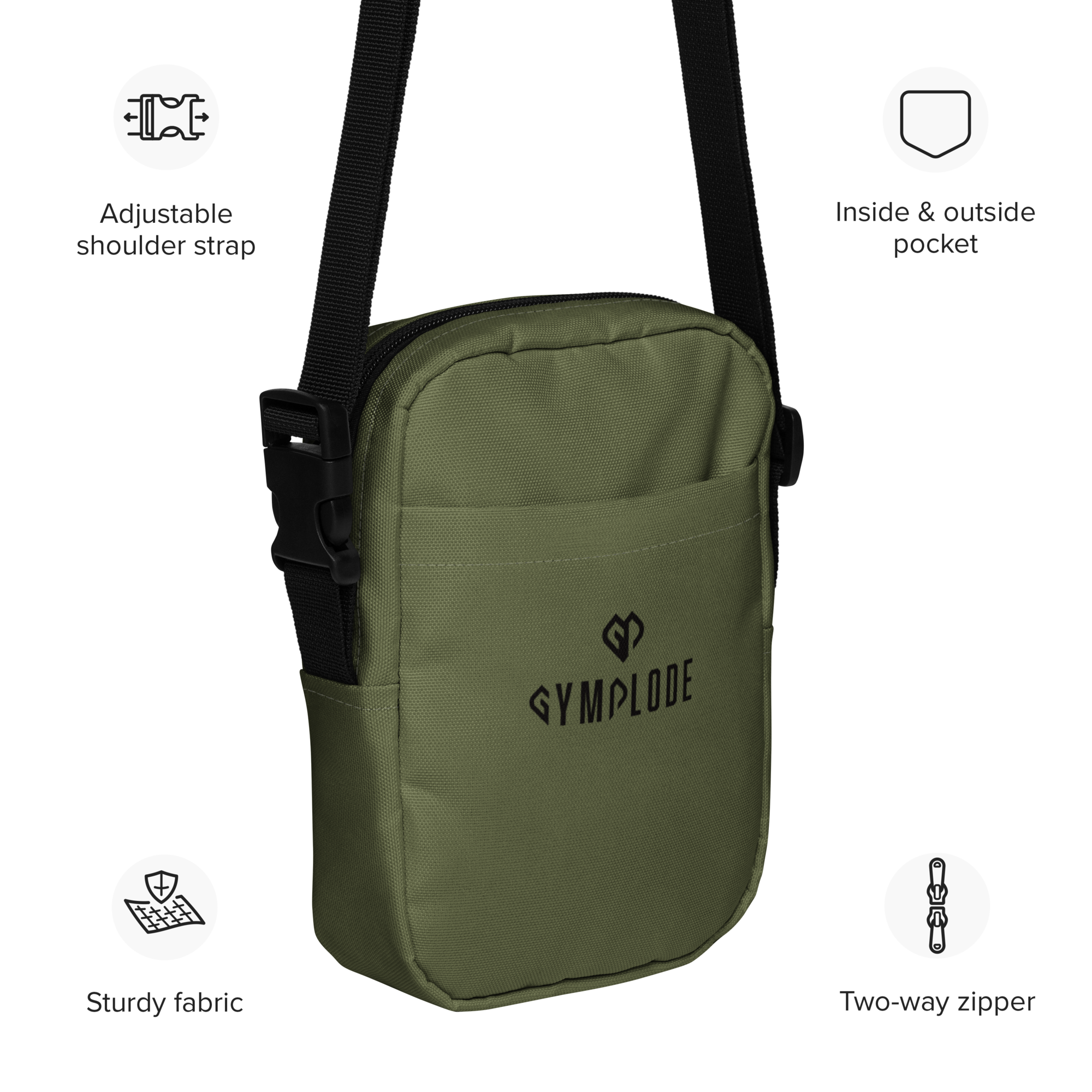Moss green Gymplode slingback utility bag key features