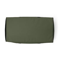 Moss green square end Gymplode duffle bag with no print, bottom view