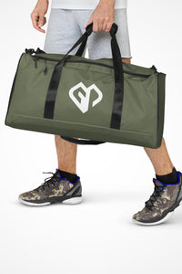 Moss green square end Gymplode duffle bag with icon logo, front view with model