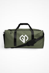 Moss green square end Gymplode duffle bag with icon logo, front view