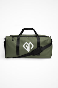 Moss green square end Gymplode duffle bag with icon logo, front view