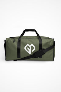 Moss green square end Gymplode duffle bag with icon logo, front view