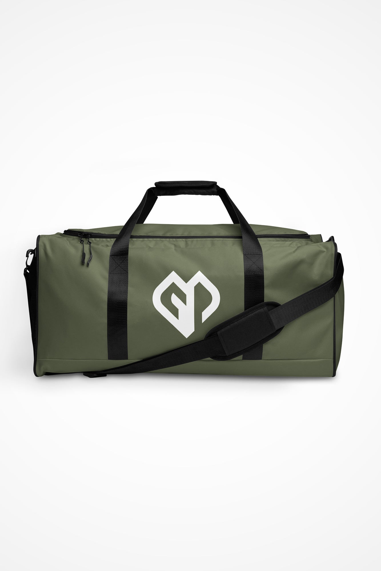 Moss green square end Gymplode duffle bag with icon logo, front view