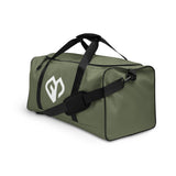 Moss green square end Gymplode duffle bag with icon logo, left front view