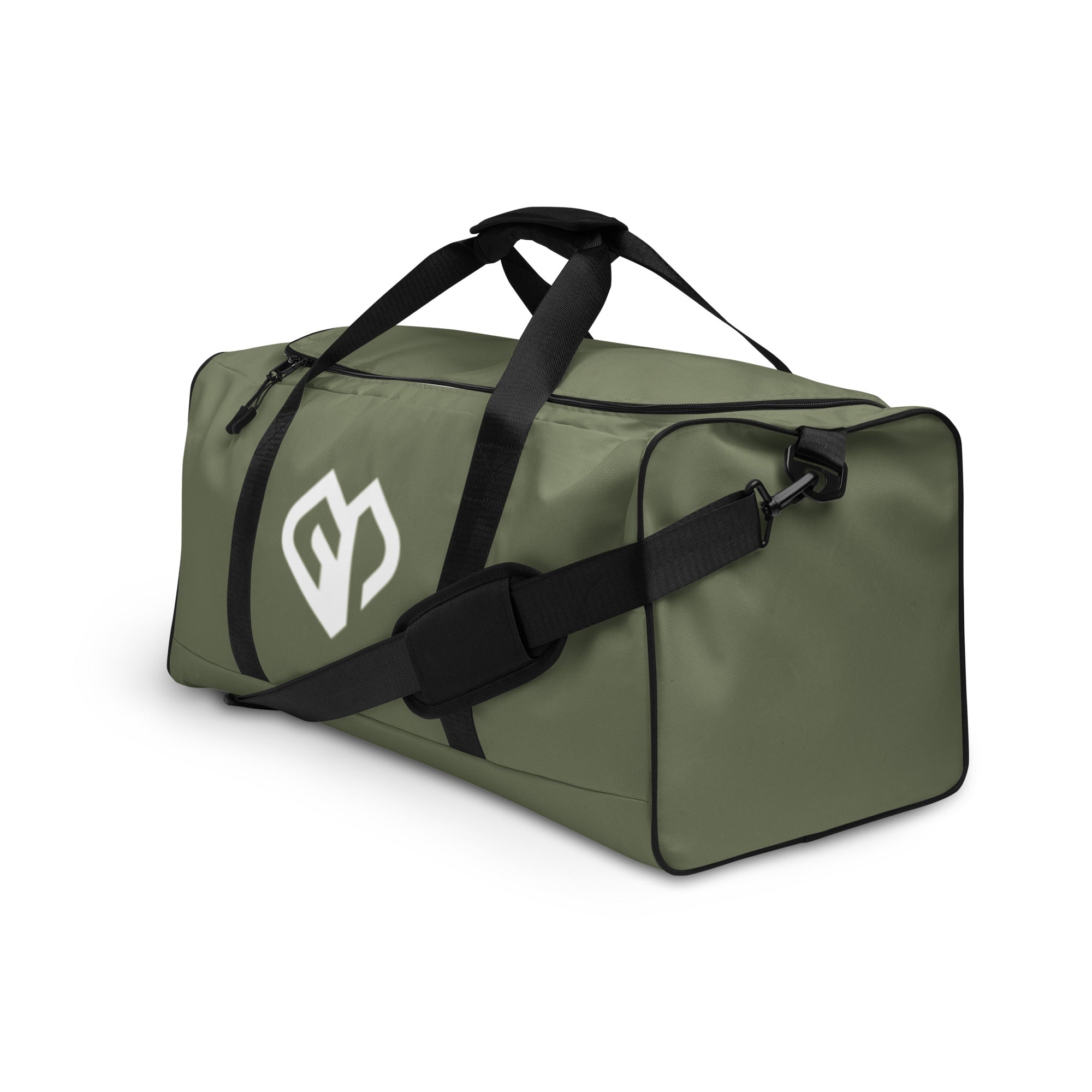 Moss green square end Gymplode duffle bag with icon logo, left front view