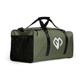 Moss green square end Gymplode duffle bag with icon logo, right front view