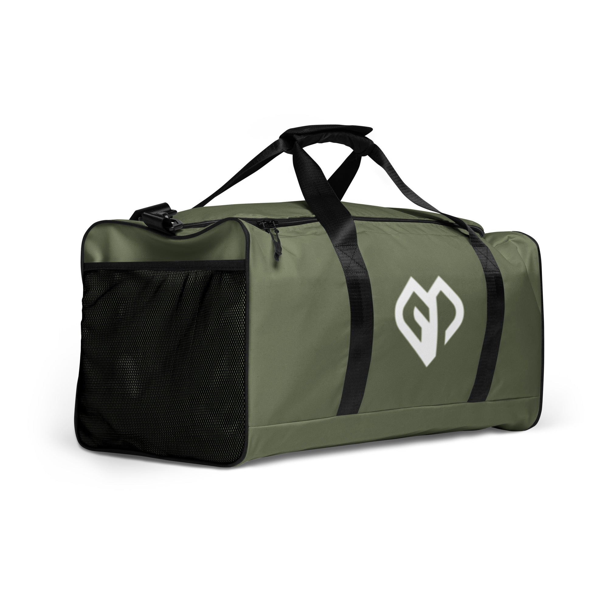 Moss green square end Gymplode duffle bag with icon logo, right front view