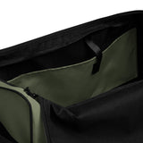 Moss green square end Gymplode duffle bag with no print, inside pocket view