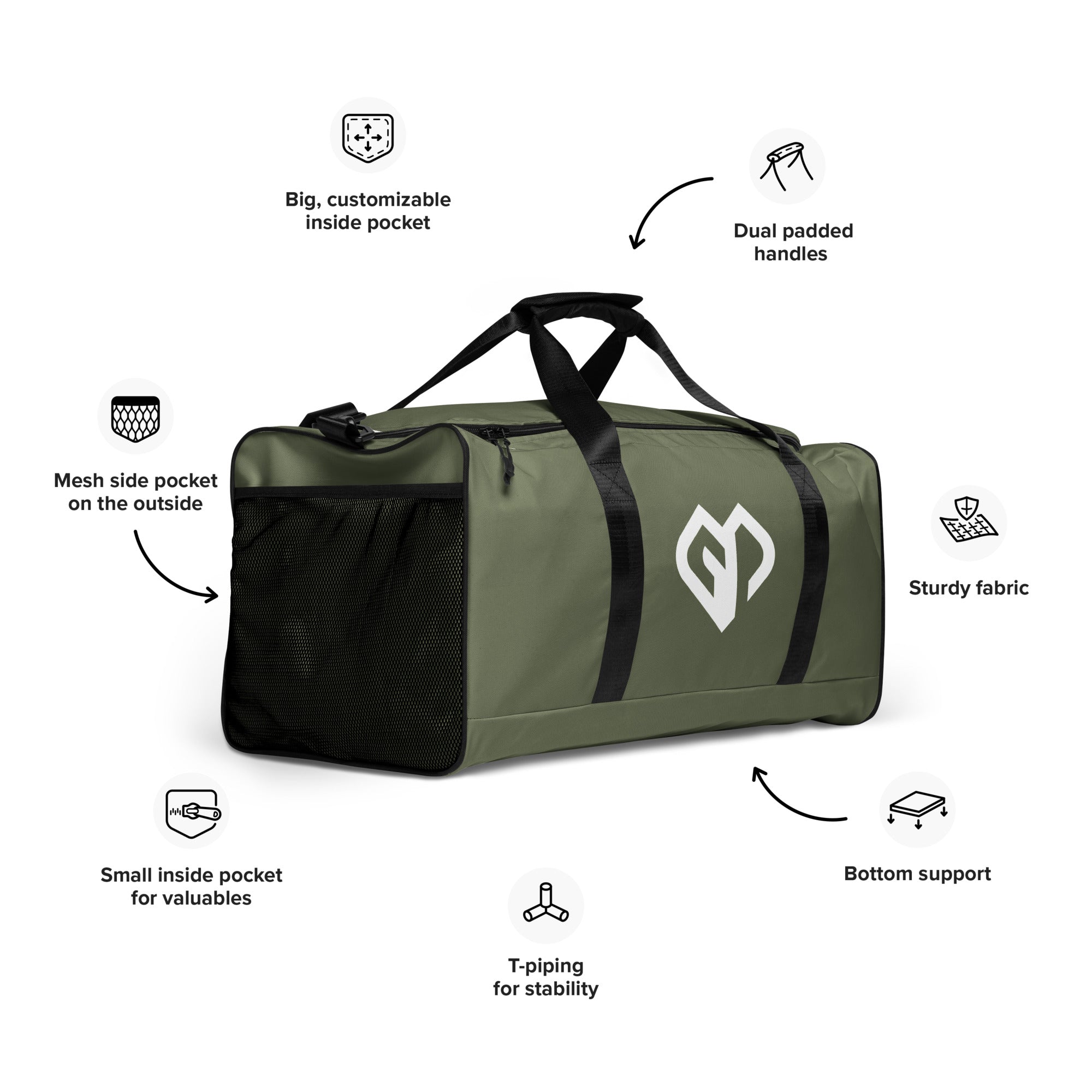 Moss green square end Gymplode duffle bag key features