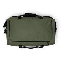 Moss green square end Gymplode duffle bag with no print, top view