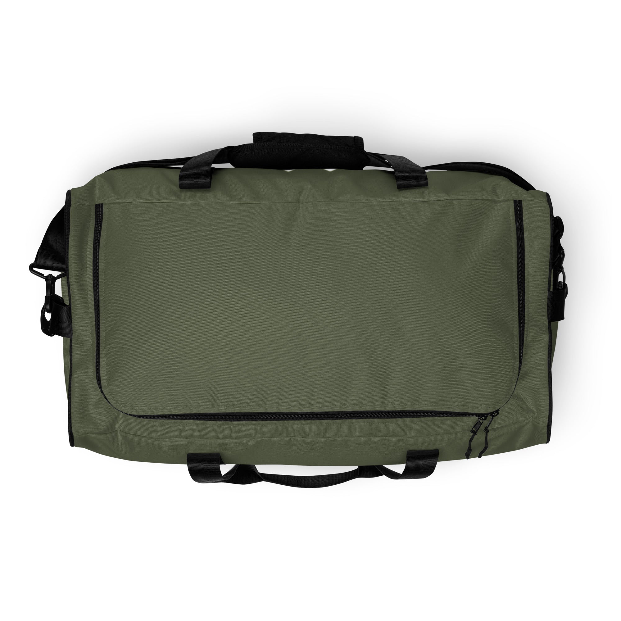 Moss green square end Gymplode duffle bag with no print, top view