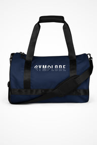 Navy blue rounded end Gymplode duffle bag with signature logo, front view