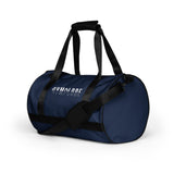 Navy blue rounded end Gymplode duffle bag with signature logo, left front view