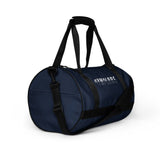 Navy blue rounded end Gymplode duffle bag with signature logo, right front view