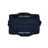 Navy blue rounded end Gymplode duffle bag with signature logo on both sides, top view