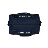 Navy blue rounded end Gymplode duffle bag with signature logo on both sides, top view