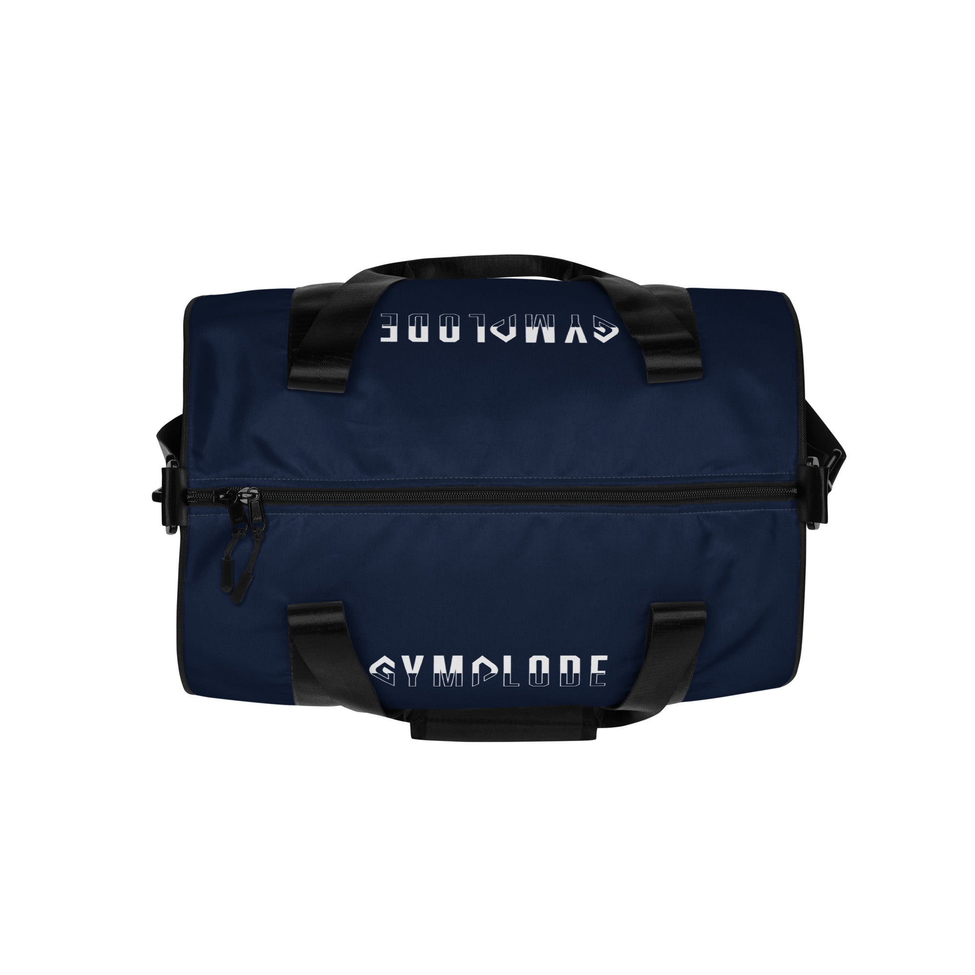 Navy blue rounded end Gymplode duffle bag with signature logo on both sides, top view