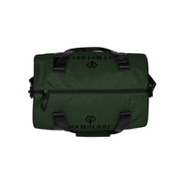 Night green rounded end Gymplode duffle bag with dual mark on both sides, top view