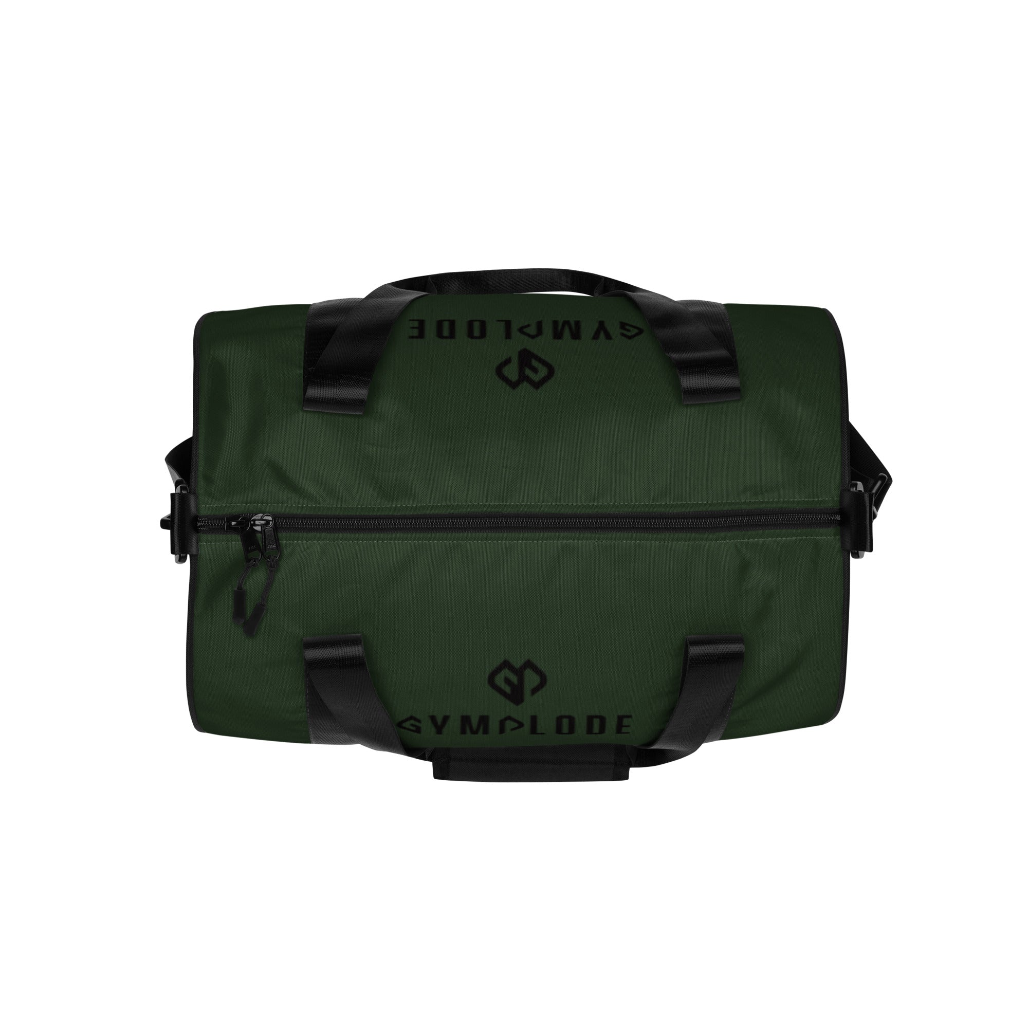 Night green rounded end Gymplode duffle bag with dual mark on both sides, top view