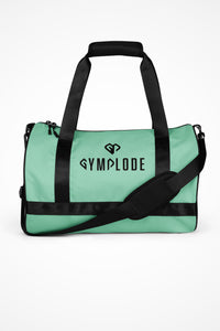 Ocean teal rounded end Gymplode duffle bag with dual mark, front view
