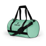 Ocean teal rounded end Gymplode duffle bag with dual mark, left front view