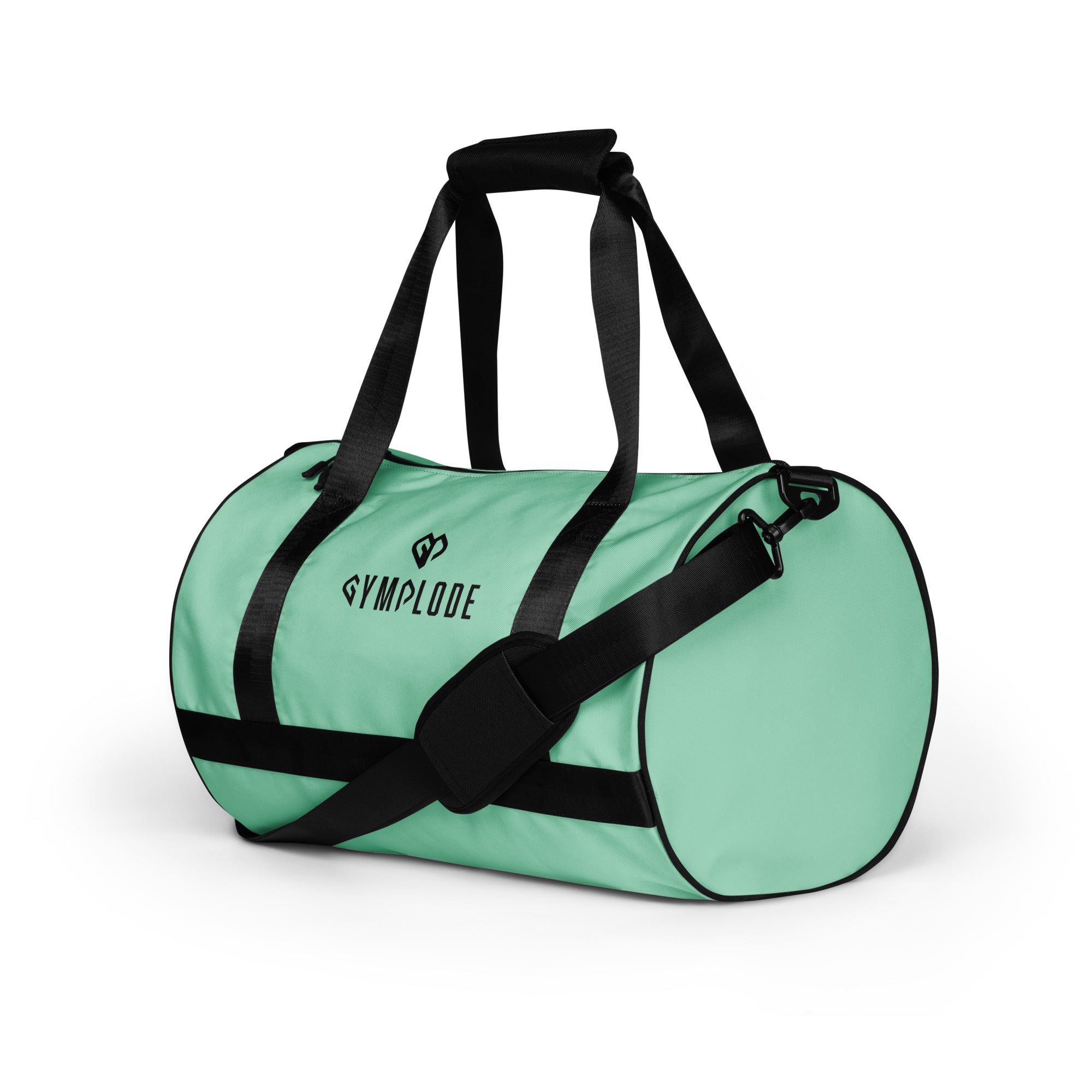 Ocean teal rounded end Gymplode duffle bag with dual mark, left front view