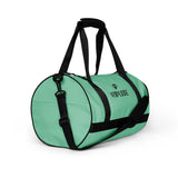 Ocean teal rounded end Gymplode duffle bag with dual mark, right front view