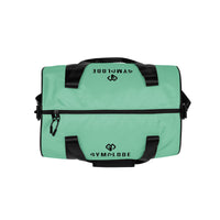 Ocean teal rounded end Gymplode duffle bag with dual mark on both sides, top view