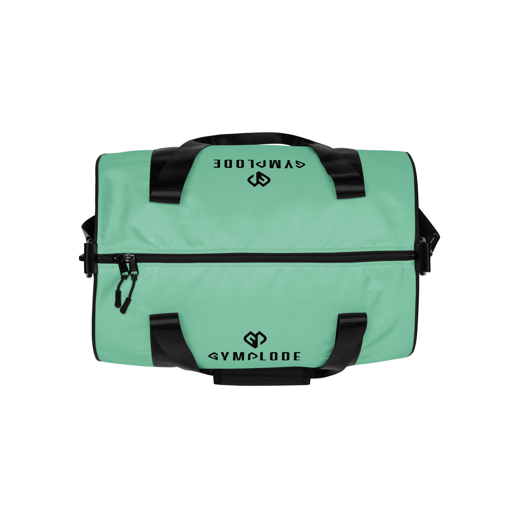 Ocean teal rounded end Gymplode duffle bag with dual mark on both sides, top view