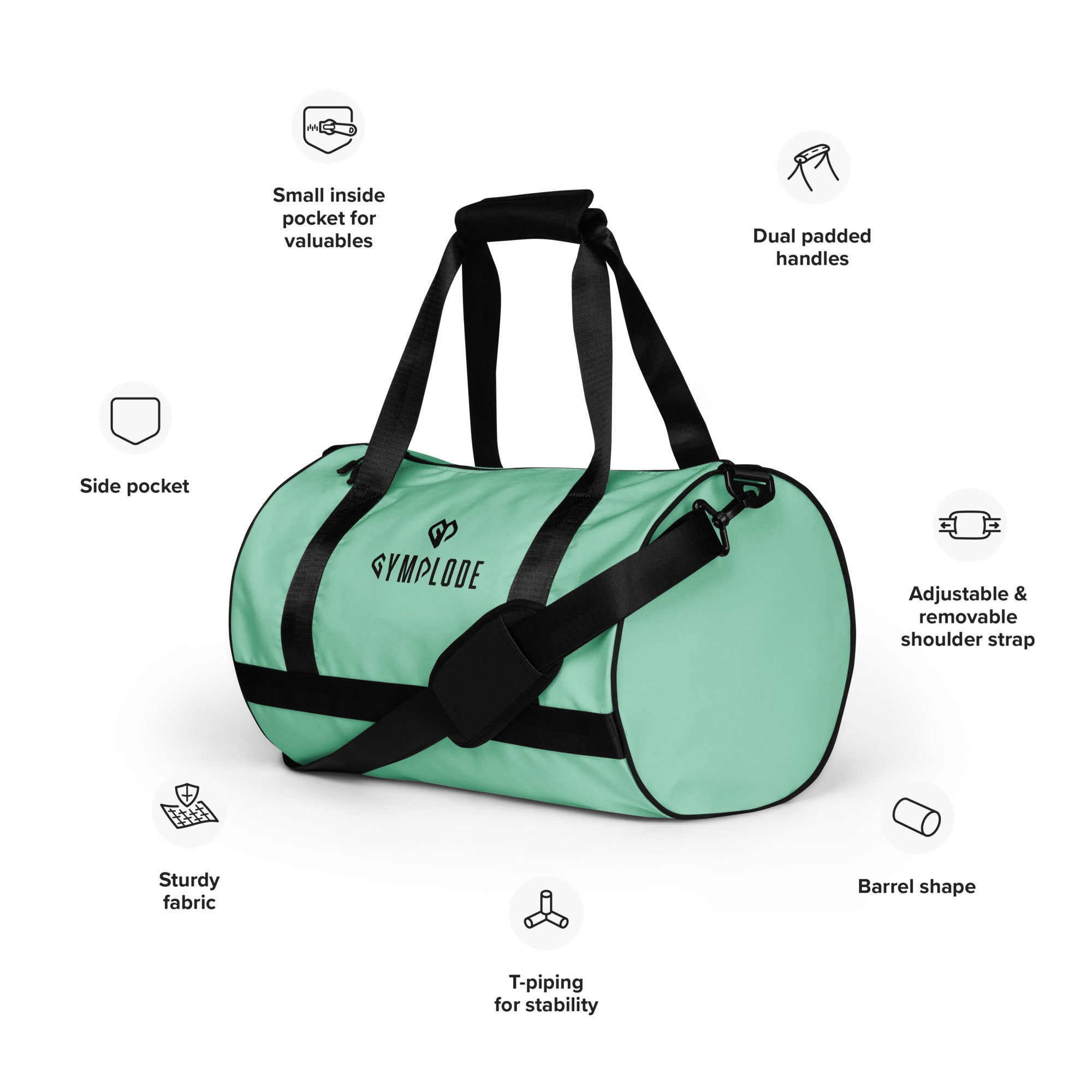 Ocean teal rounded end Gymplode duffle bag key features