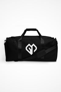 Onyx black square end Gymplode duffle bag with icon logo, front view