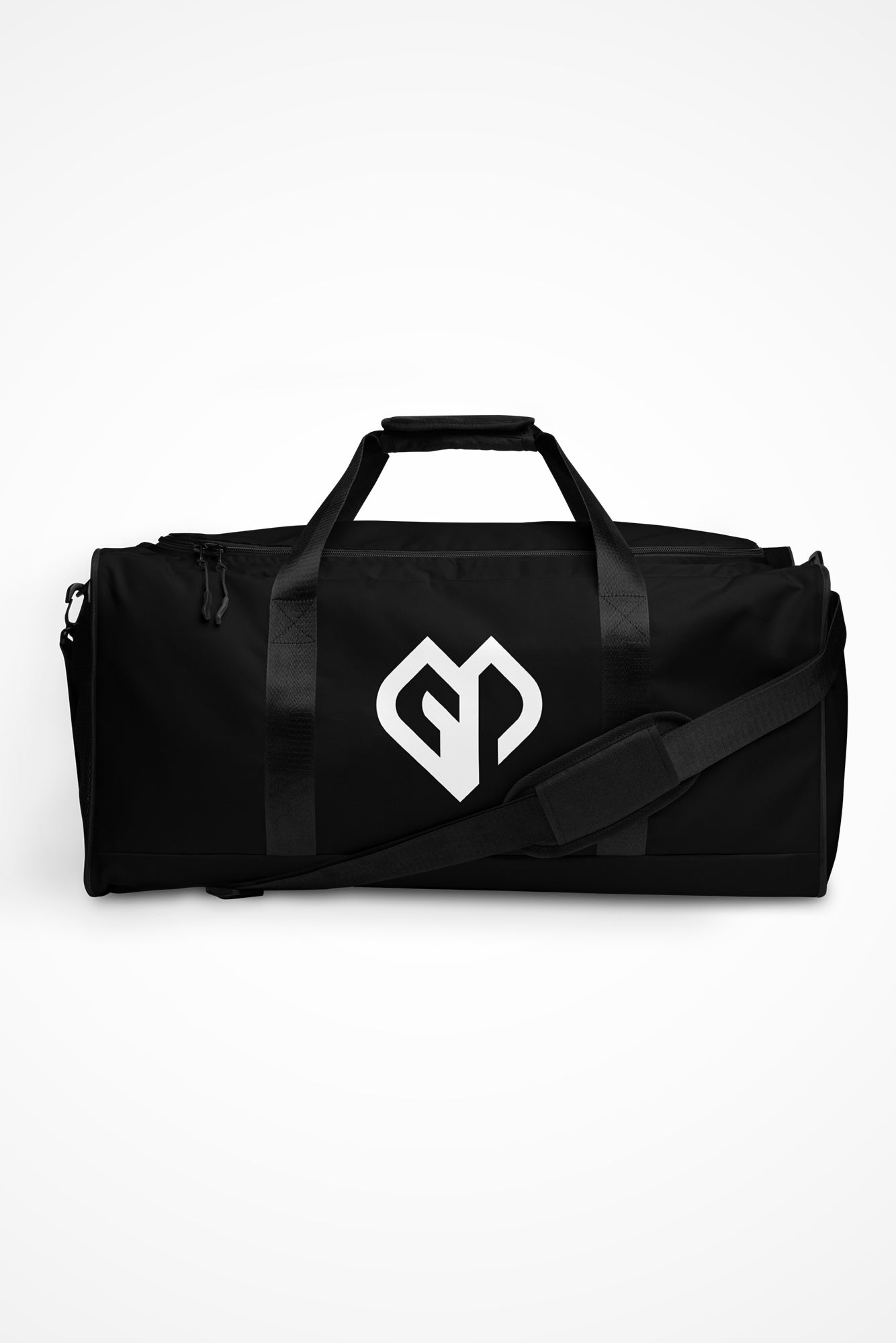 Onyx black square end Gymplode duffle bag with icon logo, front view
