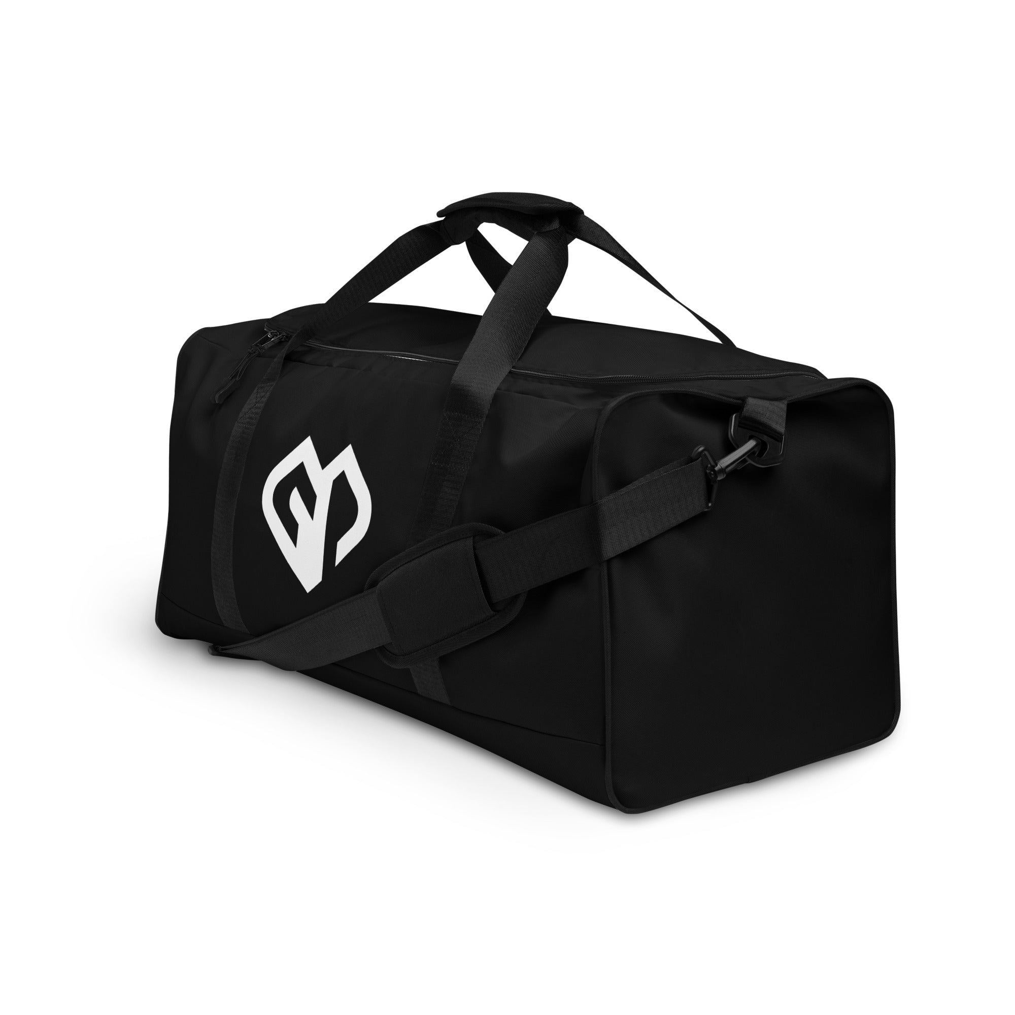 Onyx black square end Gymplode duffle bag with icon logo, left front view