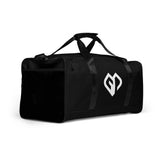 Onyx black square end Gymplode duffle bag with icon logo, right front view