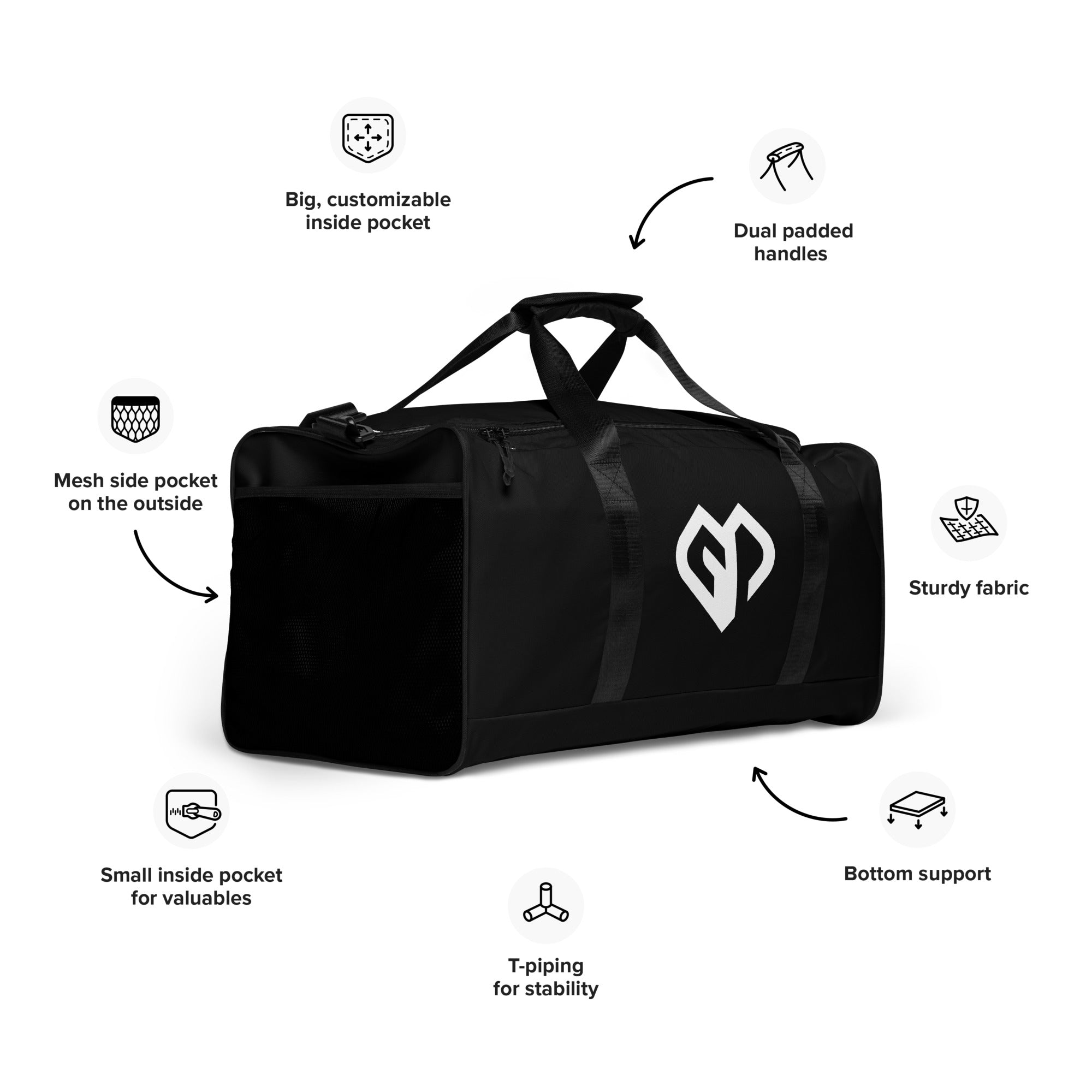 Onyx black square end Gymplode duffle bag key specifications