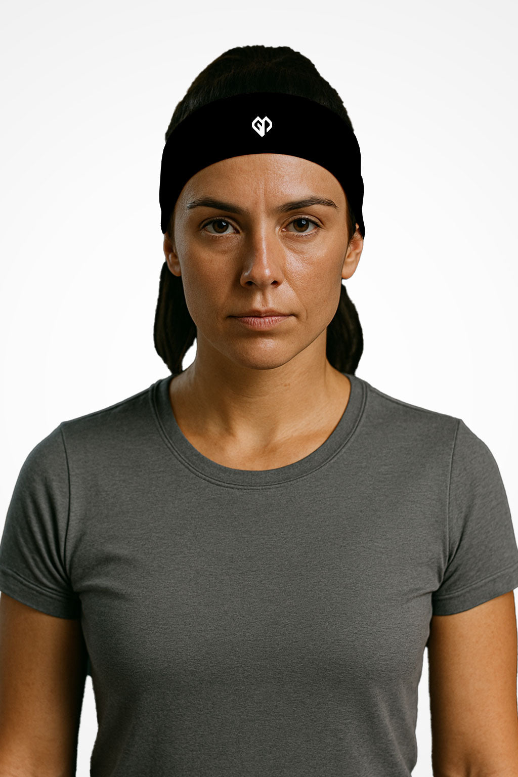 Onyx Gymplode headband with icon logo, worn by female model