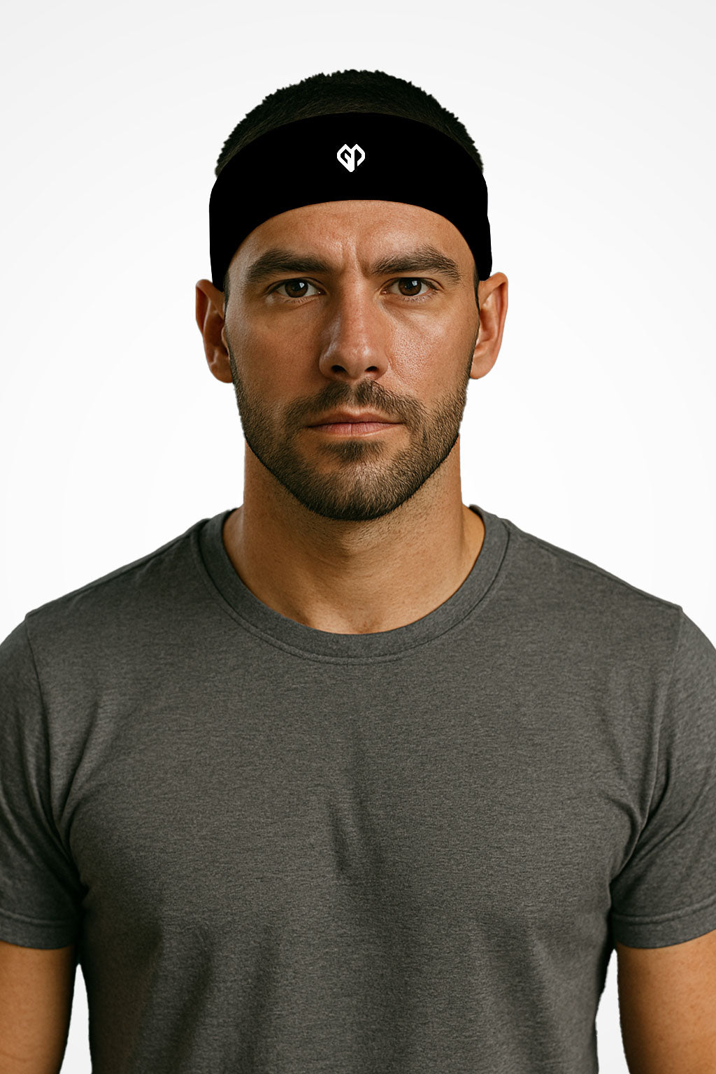 Onyx Gymplode headband with icon logo, worn by male model