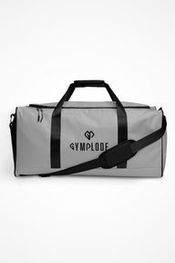 Pale grey square end Gymplode duffle bag with dual mark, front view