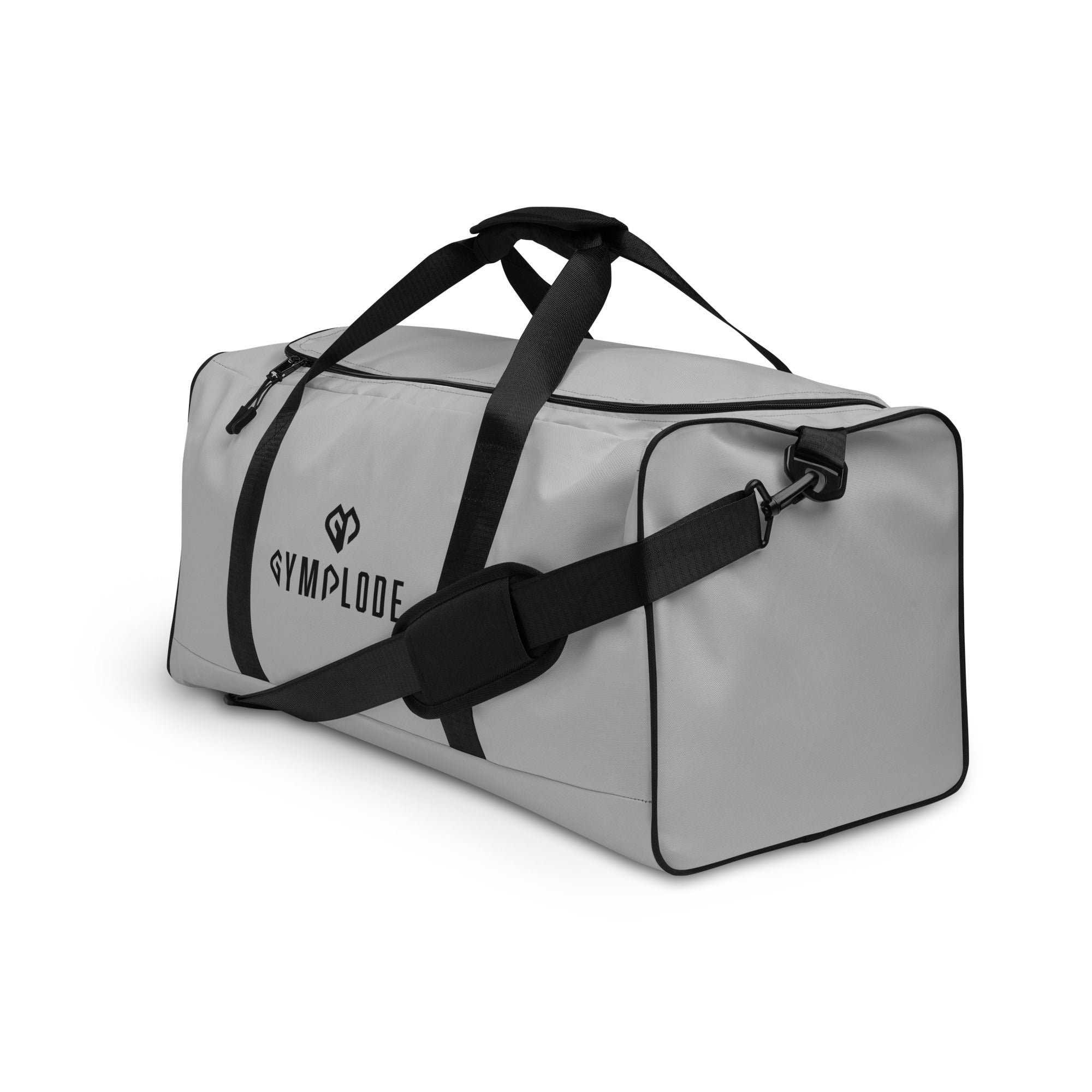 Pale grey square end Gymplode duffle bag with dual mark, left front view