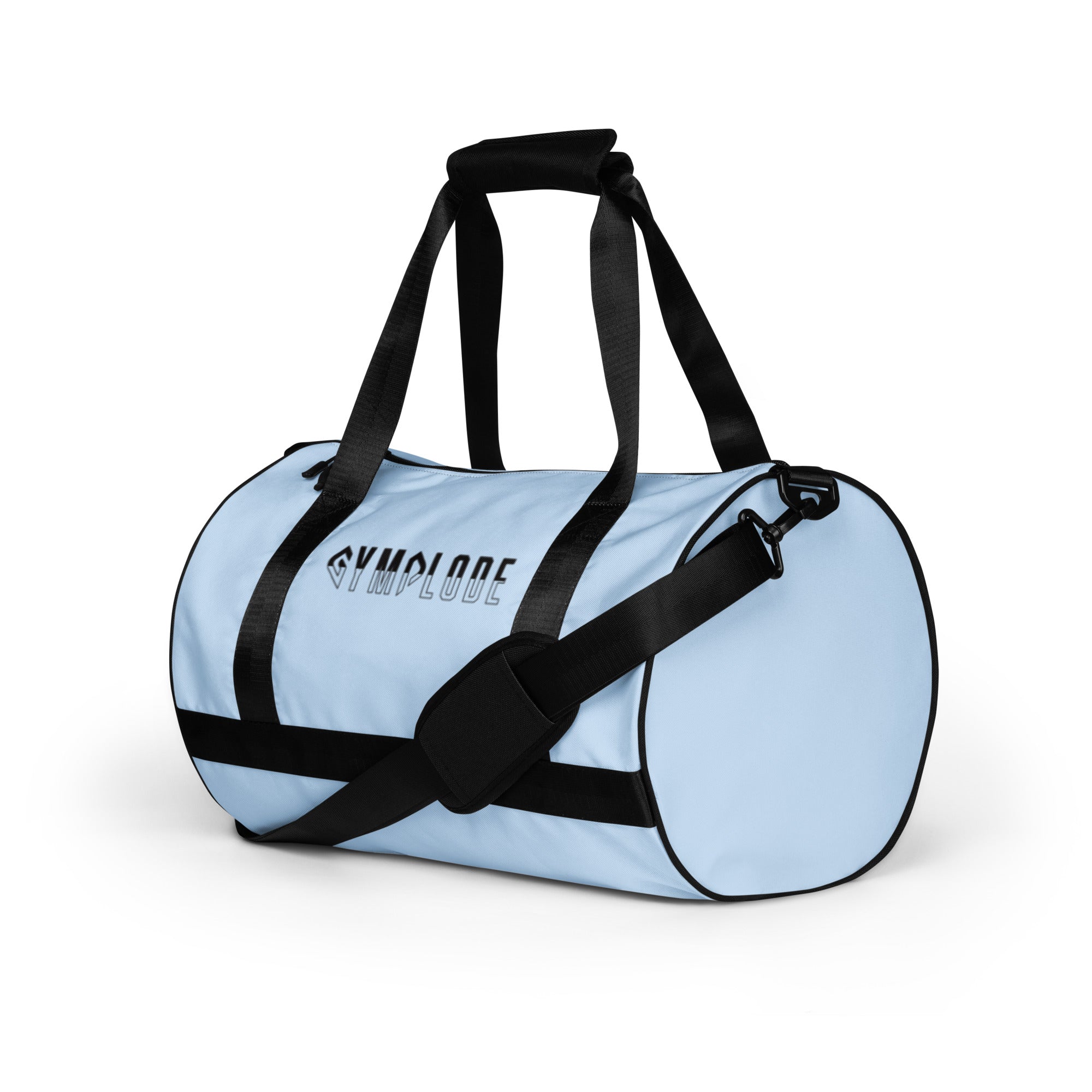 Pattens blue rounded end Gymplode duffle bag with signature logo, left front view