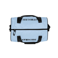 Pattens blue rounded end Gymplode duffle bag with signature logo on both sides, top view